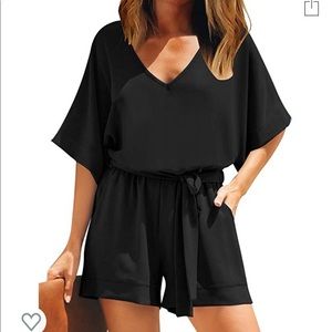 Women's V-Neck 3/4 Bell Sleeve Belted Romper - XXL
